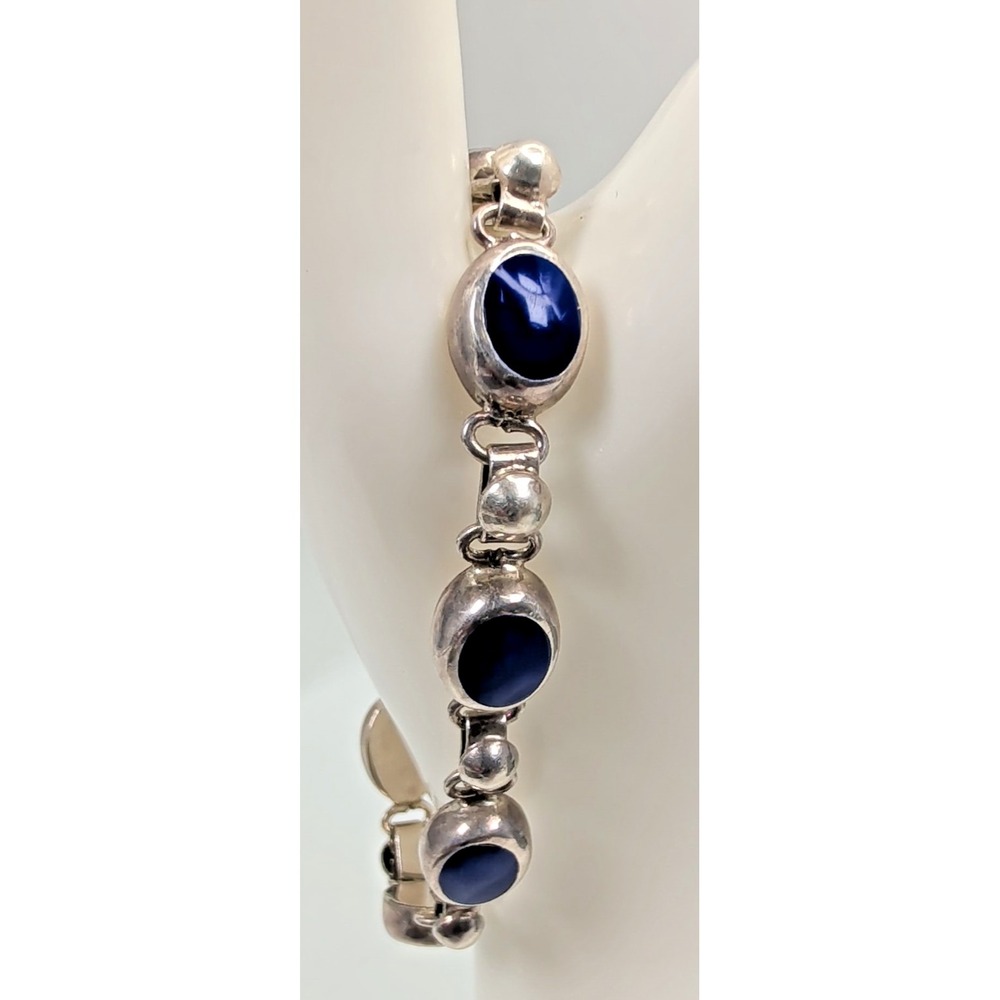 Vintage CME 925 Sterling Silver Navy Blue Enamel Oval Link Bracelet 7"